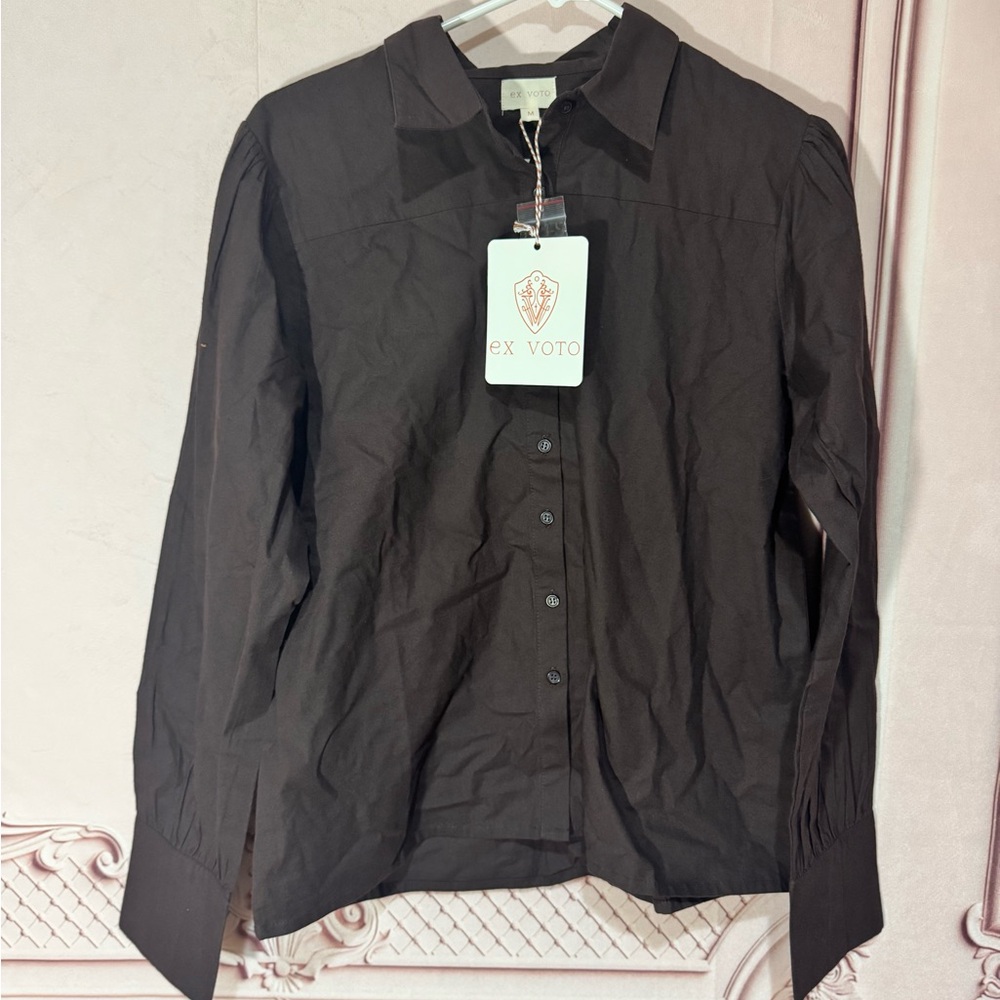 Woman Ex Voto 100% Cotton Chocolate Brown Button Down Long Sleeve Blouse Medium - Picture 3 of 8
